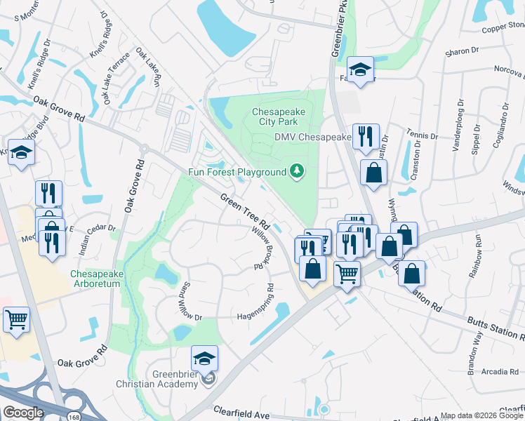 map of restaurants, bars, coffee shops, grocery stores, and more near 608 Lacy Oak Drive in Chesapeake