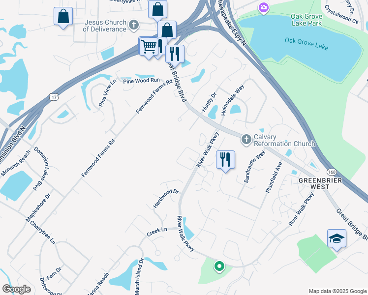 map of restaurants, bars, coffee shops, grocery stores, and more near 831 Rivanna River Reach in Chesapeake
