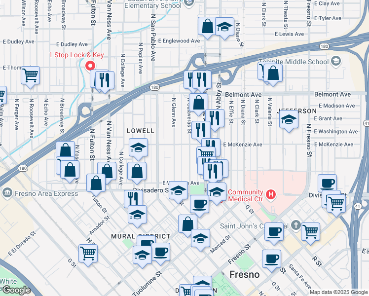 map of restaurants, bars, coffee shops, grocery stores, and more near 302 North Glenn Avenue in Fresno
