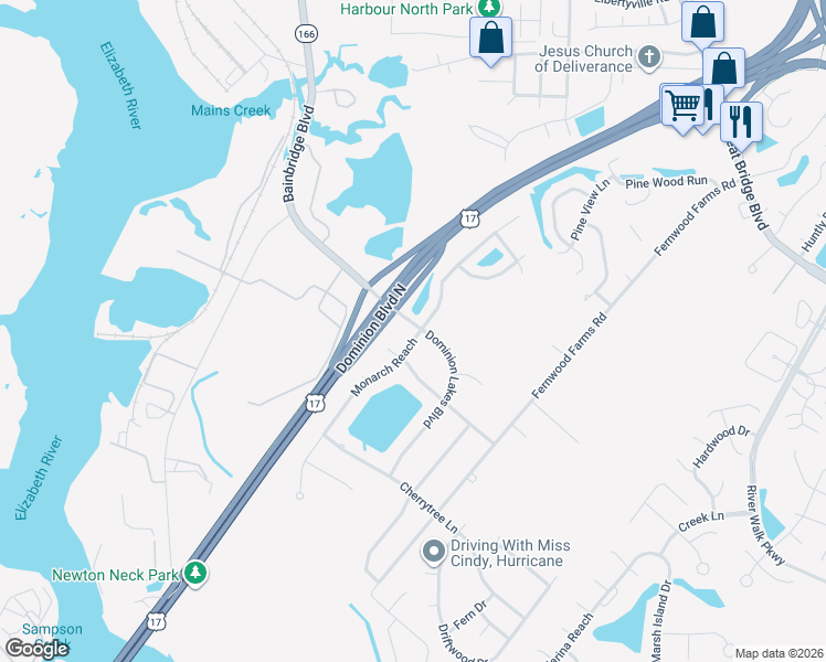 map of restaurants, bars, coffee shops, grocery stores, and more near 1364 Monarch Reach in Chesapeake