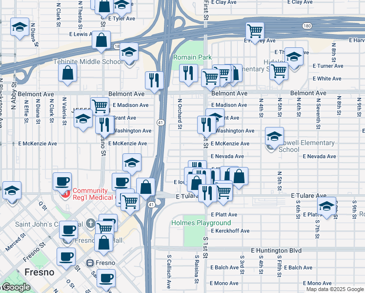 map of restaurants, bars, coffee shops, grocery stores, and more near 3006 East McKenzie Avenue in Fresno