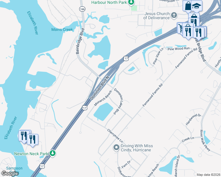 map of restaurants, bars, coffee shops, grocery stores, and more near 1364 Monarch Reach in Chesapeake