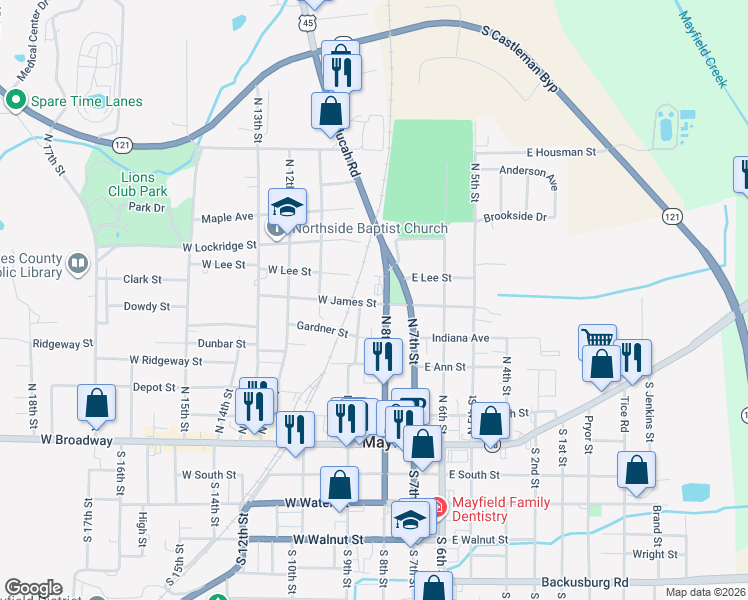 map of restaurants, bars, coffee shops, grocery stores, and more near 501 West James Street in Mayfield