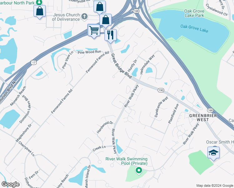 map of restaurants, bars, coffee shops, grocery stores, and more near 831 Rivanna River Reach in Chesapeake