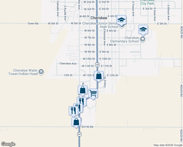 map of restaurants, bars, coffee shops, grocery stores, and more near 1116 South Oklahoma Avenue in Cherokee