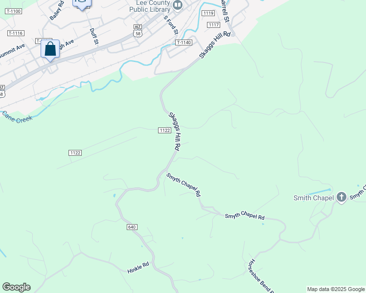 map of restaurants, bars, coffee shops, grocery stores, and more near Skaggs Hill Road in Pennington Gap