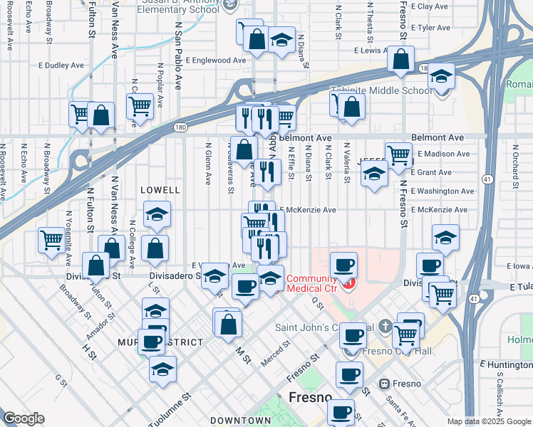 map of restaurants, bars, coffee shops, grocery stores, and more near 311 North Abby Street in Fresno