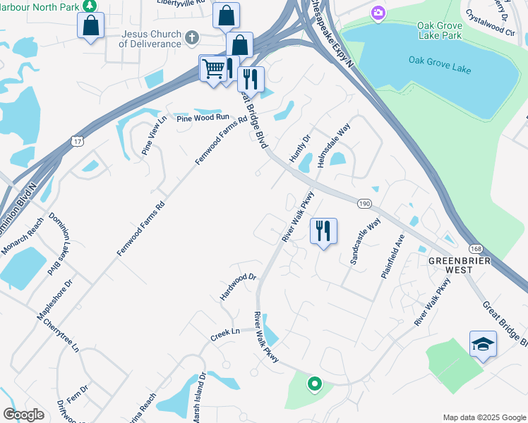map of restaurants, bars, coffee shops, grocery stores, and more near 831 Rivanna River Reach in Chesapeake