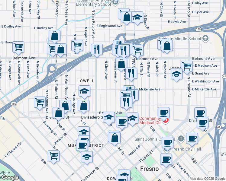 map of restaurants, bars, coffee shops, grocery stores, and more near 302 North Glenn Avenue in Fresno