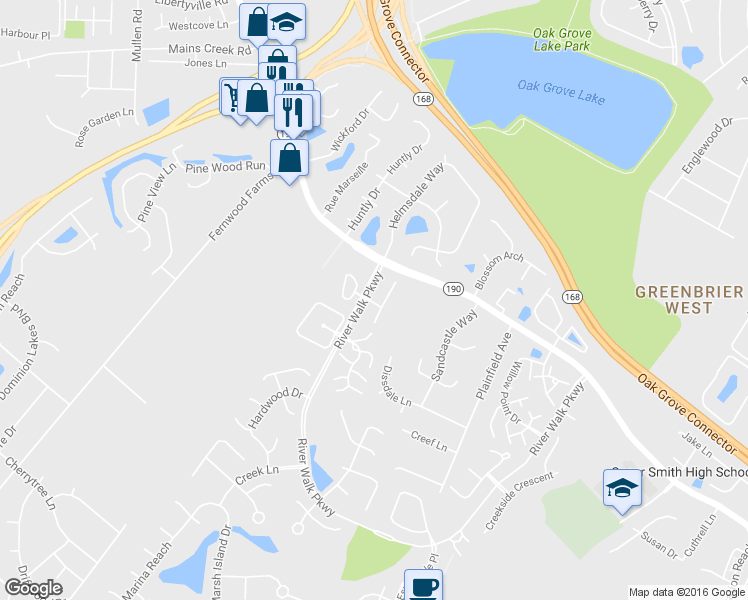 map of restaurants, bars, coffee shops, grocery stores, and more near 844 Royal Grove Court in Chesapeake