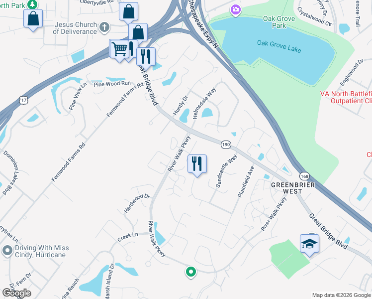 map of restaurants, bars, coffee shops, grocery stores, and more near 844 Royal Grove Court in Chesapeake