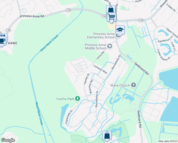 map of restaurants, bars, coffee shops, grocery stores, and more near 2568 Hartley Street in Virginia Beach