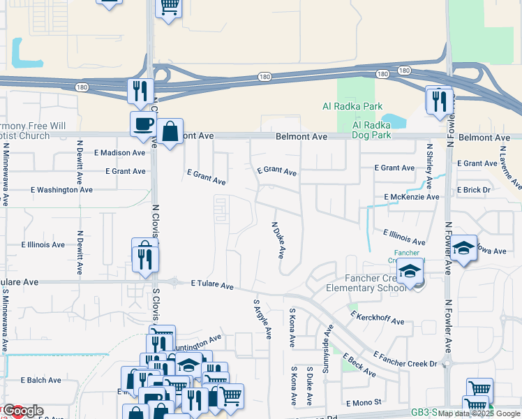 map of restaurants, bars, coffee shops, grocery stores, and more near 280 North Manila Avenue in Fresno