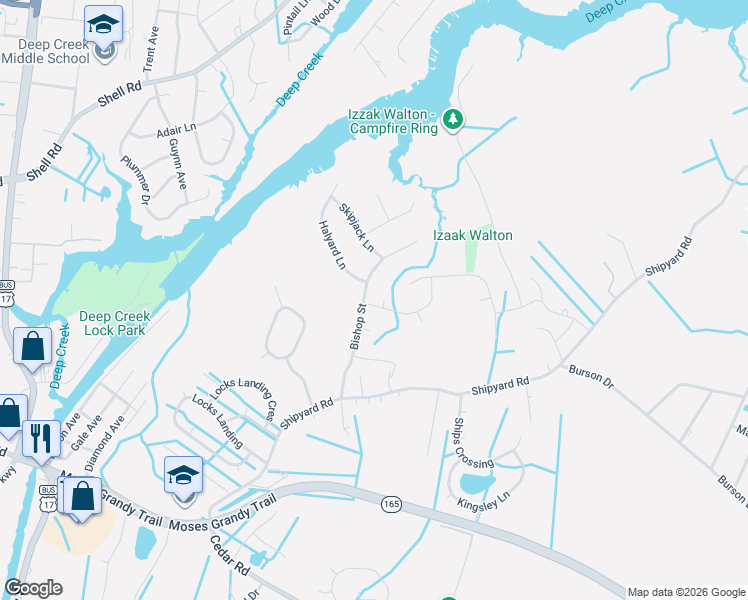map of restaurants, bars, coffee shops, grocery stores, and more near 301 Bishop Street in Chesapeake