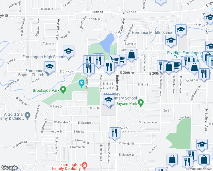 map of restaurants, bars, coffee shops, grocery stores, and more near 506 East 17th Street in Farmington