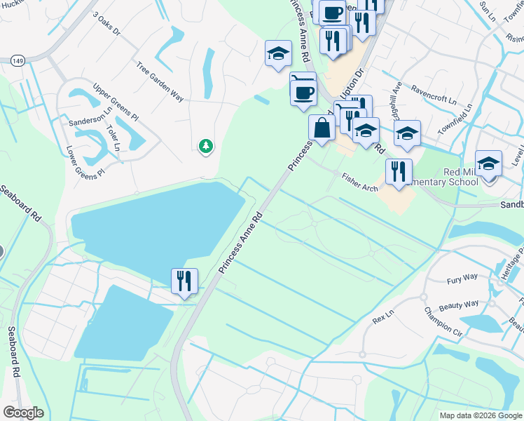 map of restaurants, bars, coffee shops, grocery stores, and more near 2060 Princess Anne Road in Virginia Beach