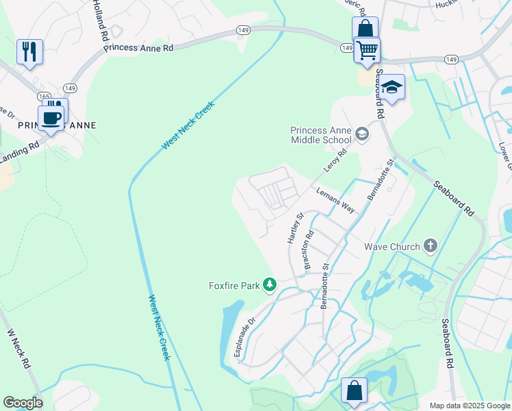 map of restaurants, bars, coffee shops, grocery stores, and more near 2667 Leroy Road in Virginia Beach
