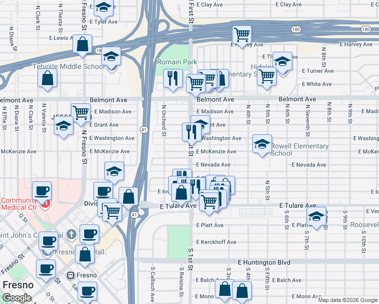 map of restaurants, bars, coffee shops, grocery stores, and more near 3115 East McKenzie Avenue in Fresno