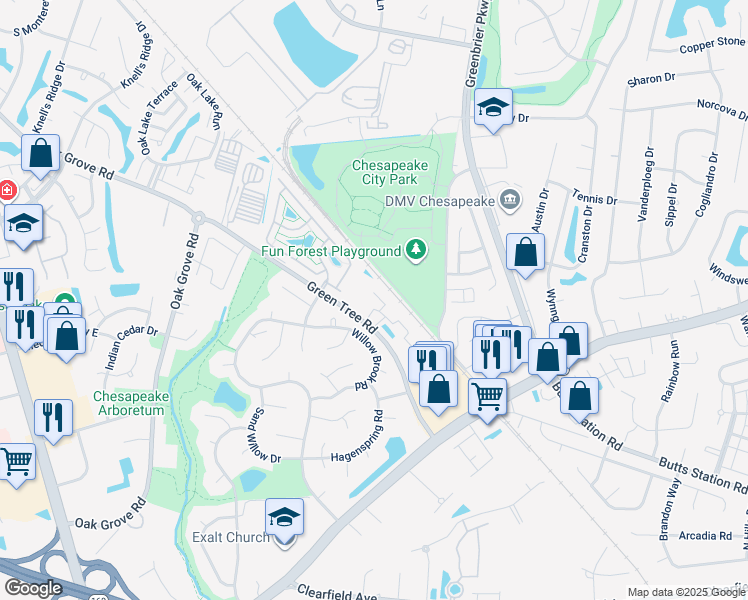 map of restaurants, bars, coffee shops, grocery stores, and more near 603 Lacy Oak Drive in Chesapeake