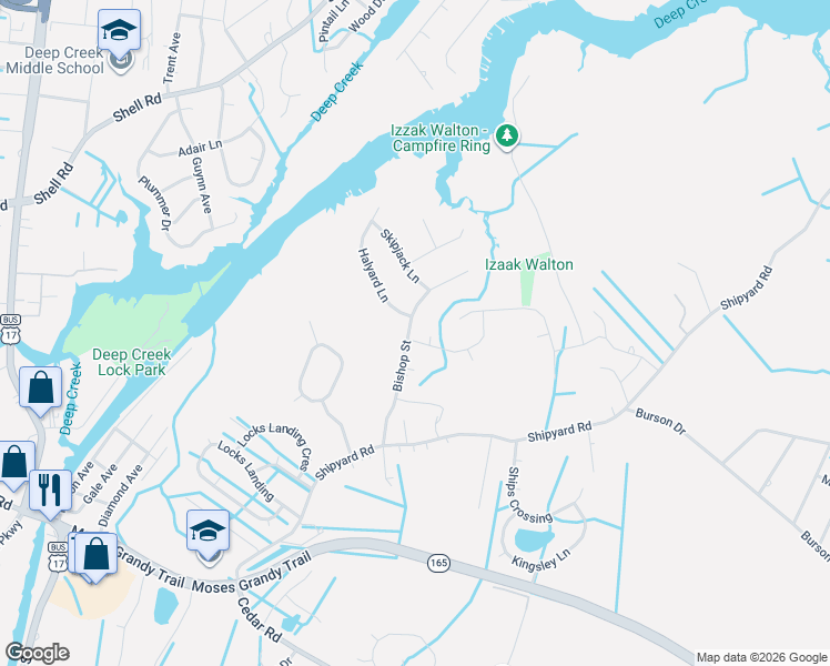 map of restaurants, bars, coffee shops, grocery stores, and more near 301 Bishop Street in Chesapeake