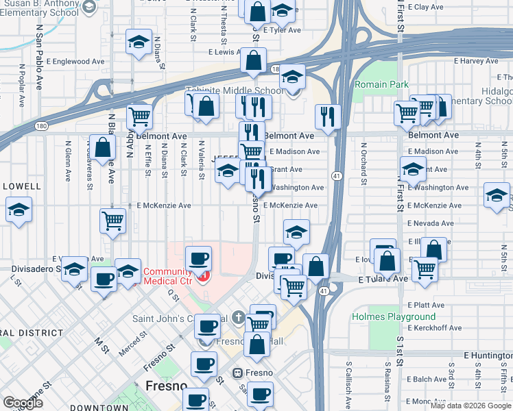 map of restaurants, bars, coffee shops, grocery stores, and more near North Fresno Street & East McKenzie Avenue in Fresno