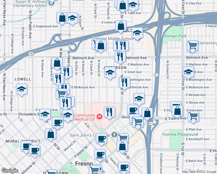 map of restaurants, bars, coffee shops, grocery stores, and more near 2323 East McKenzie Avenue in Fresno