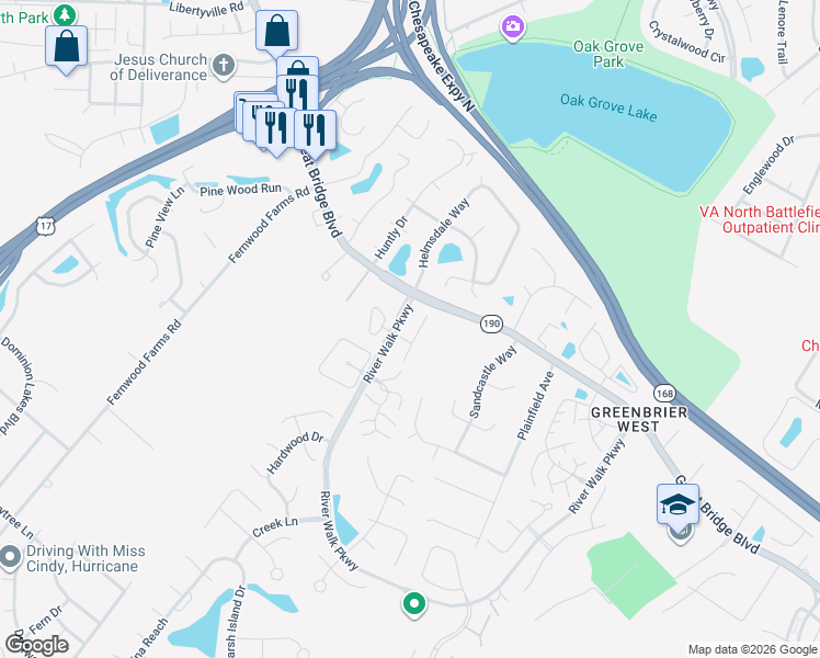 map of restaurants, bars, coffee shops, grocery stores, and more near 844 Royal Grove Court in Chesapeake