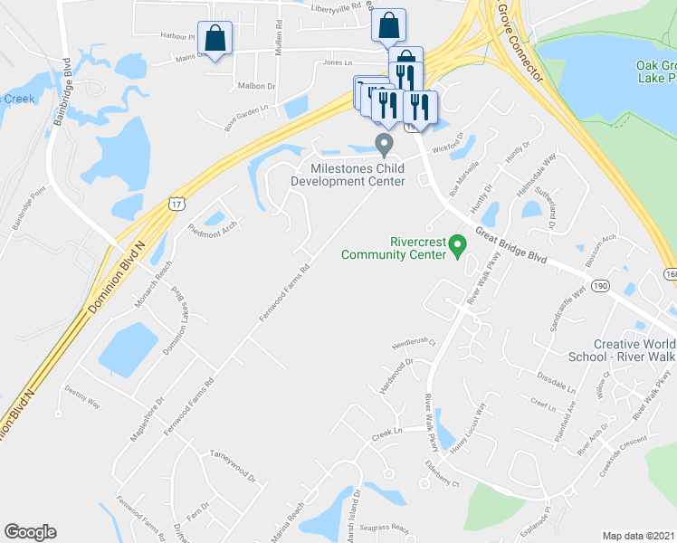 map of restaurants, bars, coffee shops, grocery stores, and more near 631 Fernwood Farms Road in Chesapeake