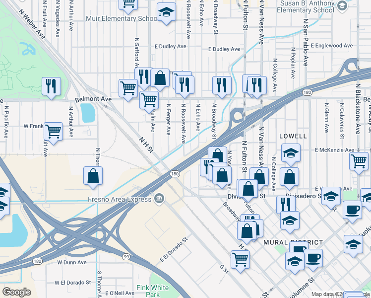 map of restaurants, bars, coffee shops, grocery stores, and more near 284 North Roosevelt Avenue in Fresno
