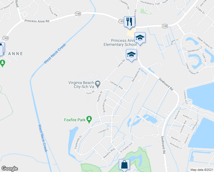 map of restaurants, bars, coffee shops, grocery stores, and more near 2556 Hartley Street in Virginia Beach