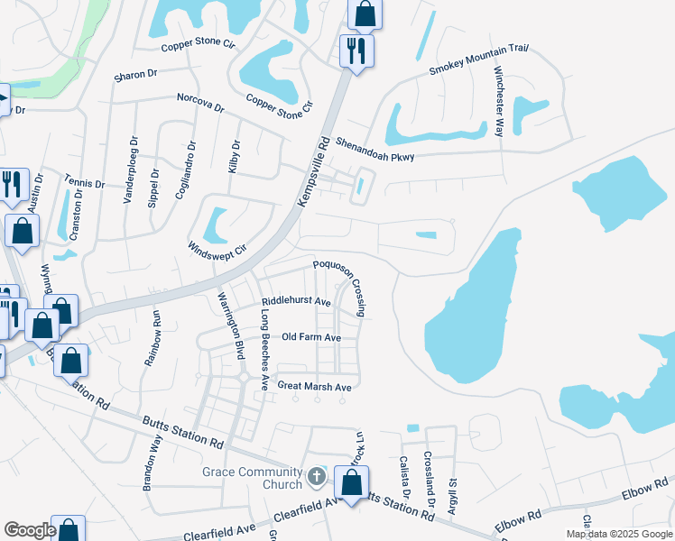 map of restaurants, bars, coffee shops, grocery stores, and more near 909 Poquoson Crossing in Chesapeake