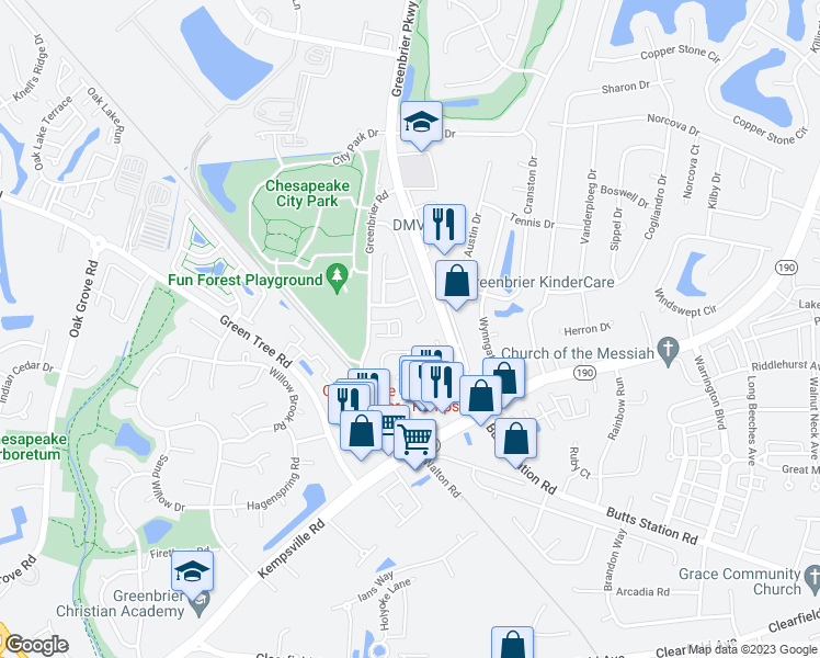map of restaurants, bars, coffee shops, grocery stores, and more near 627 Windward Drive in Chesapeake