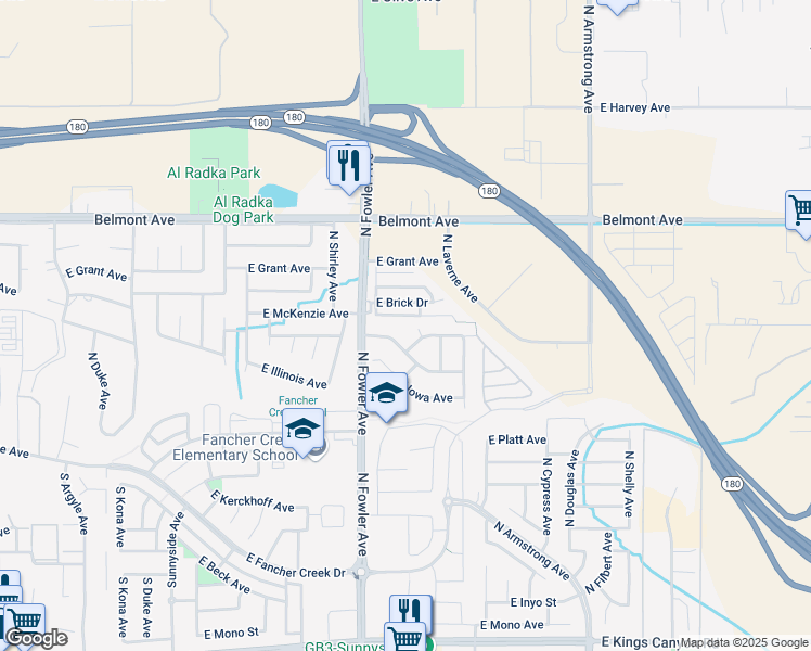 map of restaurants, bars, coffee shops, grocery stores, and more near 6142 East Nevada Avenue in Fresno