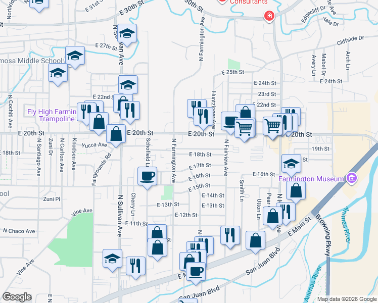 map of restaurants, bars, coffee shops, grocery stores, and more near 2204 East 18th Street in Farmington