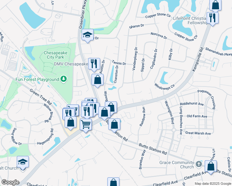 map of restaurants, bars, coffee shops, grocery stores, and more near 916 Sharon Drive in Chesapeake