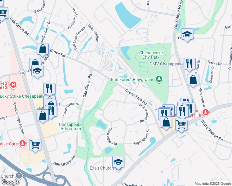 map of restaurants, bars, coffee shops, grocery stores, and more near 918 Meadowhill Court in Chesapeake
