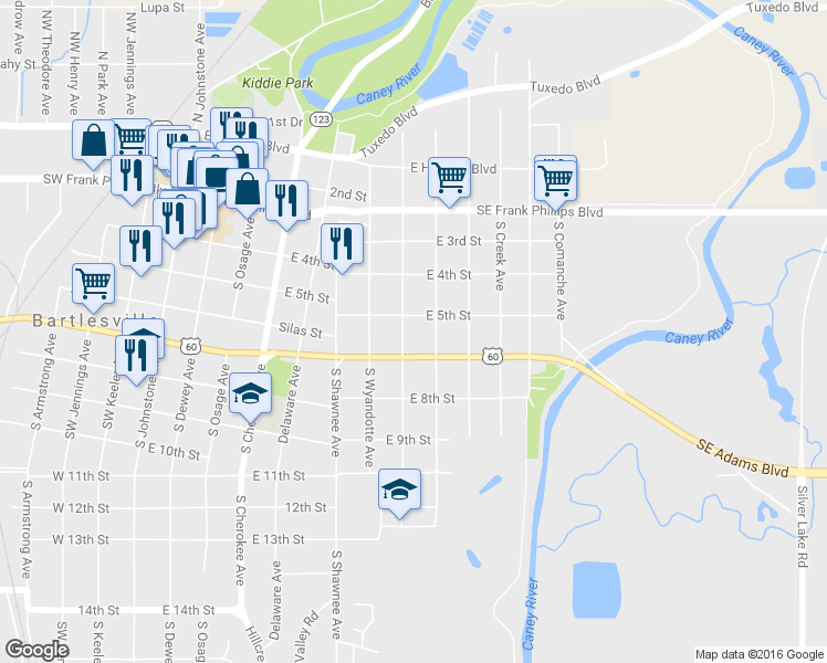 map of restaurants, bars, coffee shops, grocery stores, and more near 510 South Seneca Avenue in Bartlesville