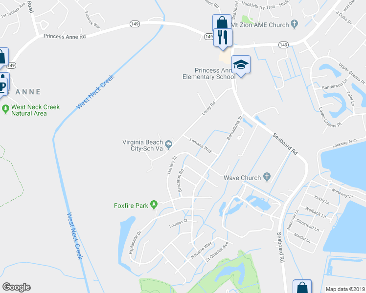map of restaurants, bars, coffee shops, grocery stores, and more near 2558 Hartley Street in Virginia Beach