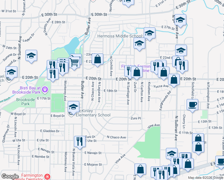 map of restaurants, bars, coffee shops, grocery stores, and more near 1807 Cochiti Avenue in Farmington