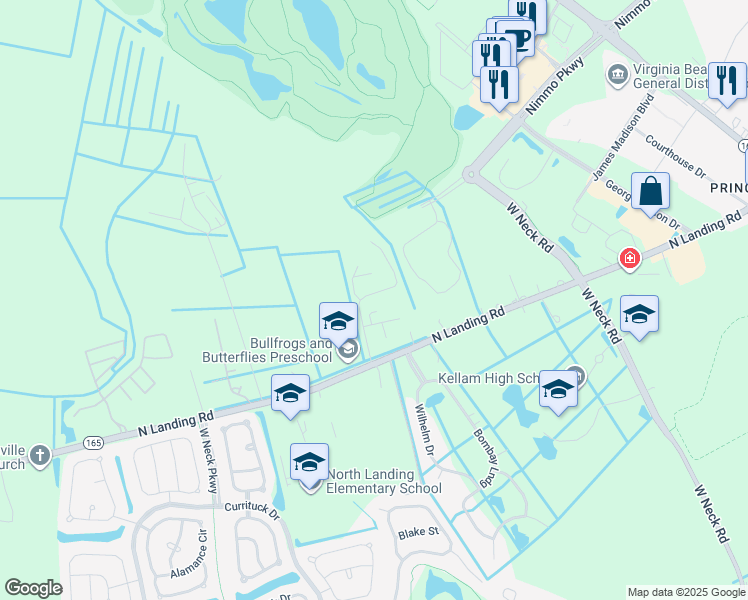 map of restaurants, bars, coffee shops, grocery stores, and more near 2396 Rod Pocceschi Way in Virginia Beach