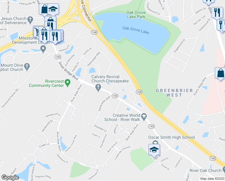 map of restaurants, bars, coffee shops, grocery stores, and more near 601 Blossom Arch in Chesapeake