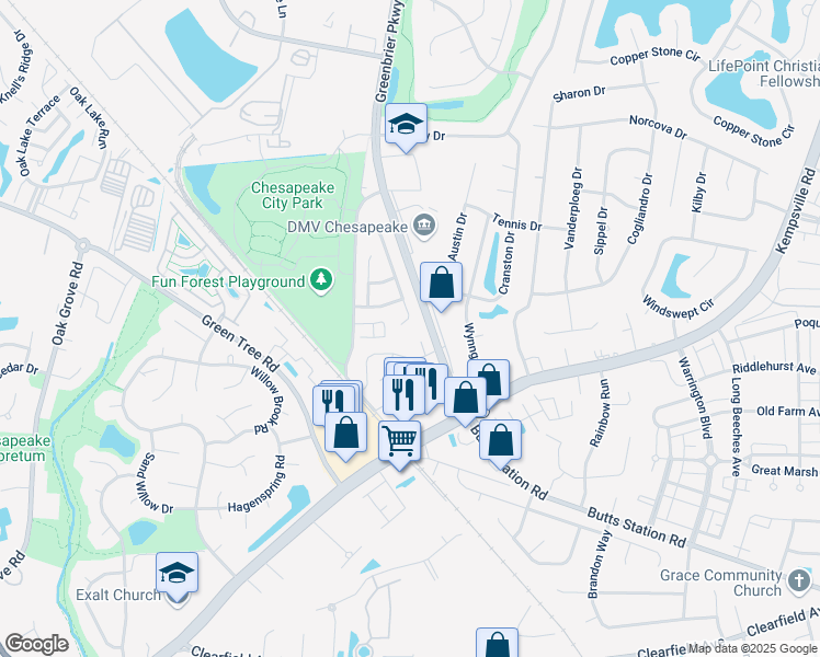 map of restaurants, bars, coffee shops, grocery stores, and more near 627 Windward Drive in Chesapeake