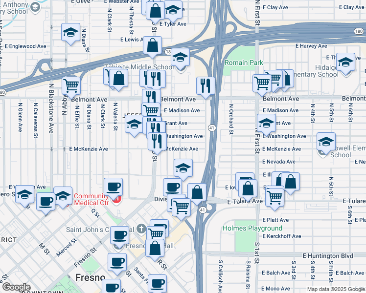 map of restaurants, bars, coffee shops, grocery stores, and more near 2635 East McKenzie Avenue in Fresno