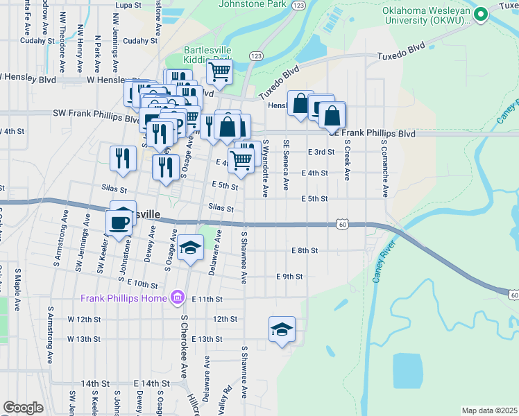 map of restaurants, bars, coffee shops, grocery stores, and more near 508 South Wyandotte Avenue in Bartlesville