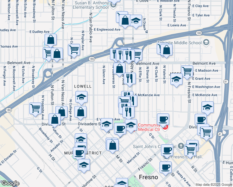 map of restaurants, bars, coffee shops, grocery stores, and more near 306 North Calaveras Street in Fresno