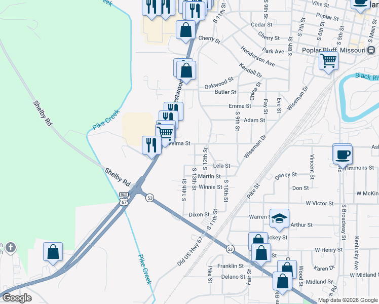 map of restaurants, bars, coffee shops, grocery stores, and more near 1099 South 13th Street in Poplar Bluff