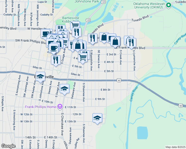 map of restaurants, bars, coffee shops, grocery stores, and more near 508 South Wyandotte Avenue in Bartlesville