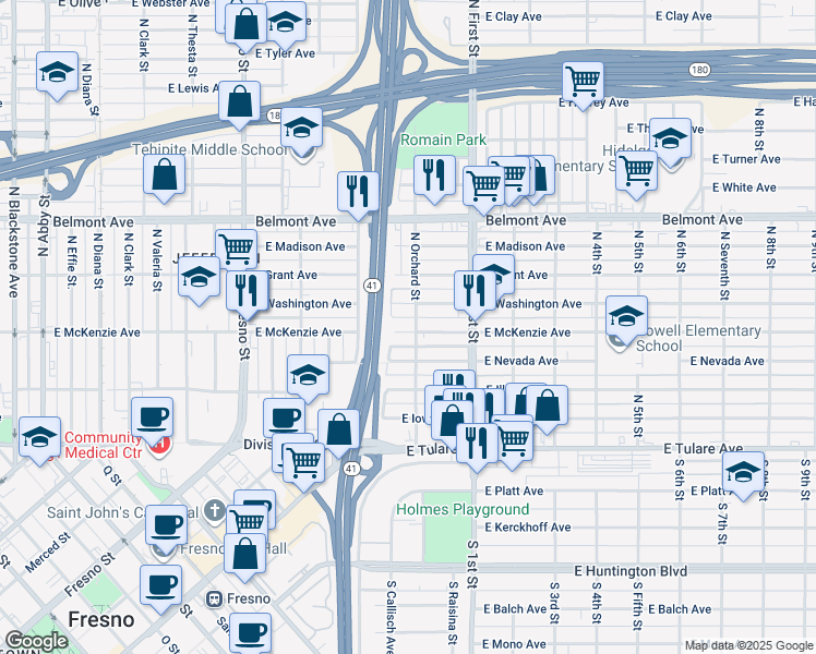 map of restaurants, bars, coffee shops, grocery stores, and more near 2913 East McKenzie Avenue in Fresno