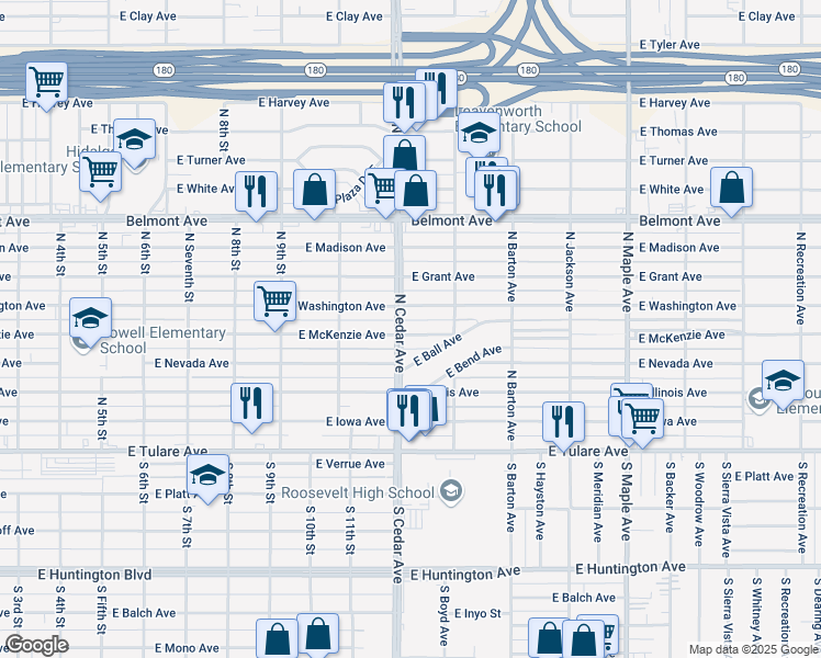 map of restaurants, bars, coffee shops, grocery stores, and more near 4221 East McKenzie Avenue in Fresno