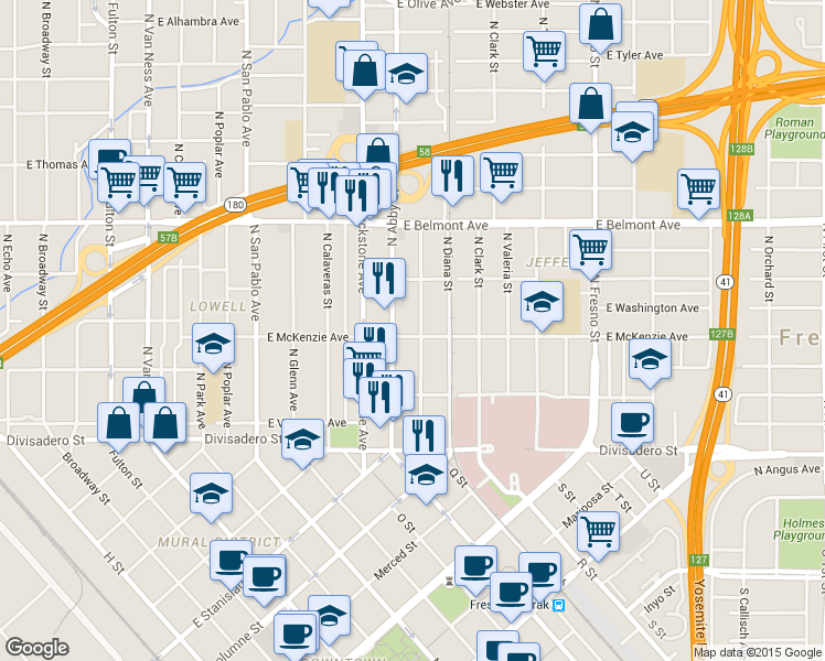 map of restaurants, bars, coffee shops, grocery stores, and more near 303 North Effie Street in Fresno